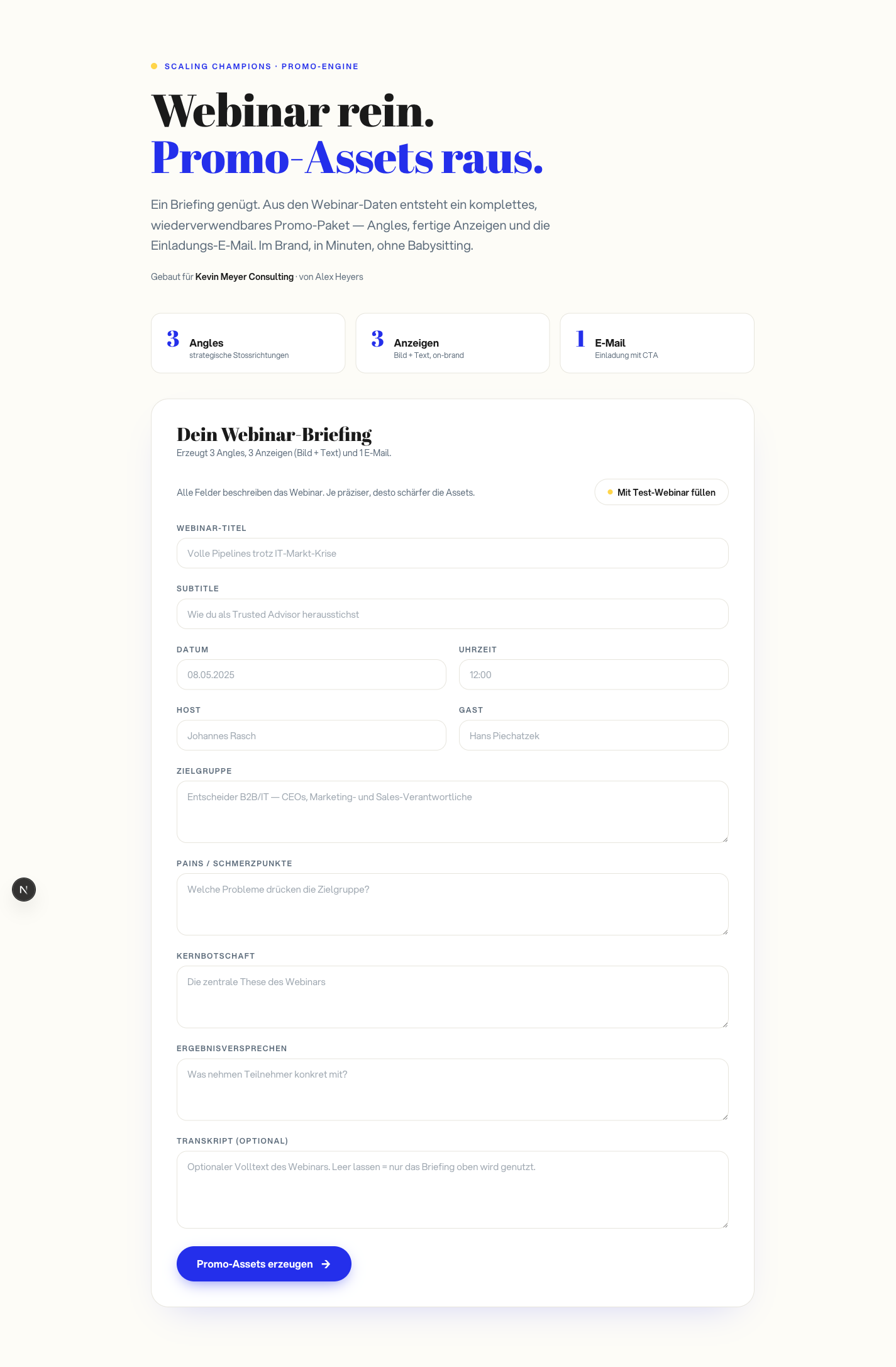 Screenshot der App-UI mit dem Briefing-Formular im KMC-Brand
